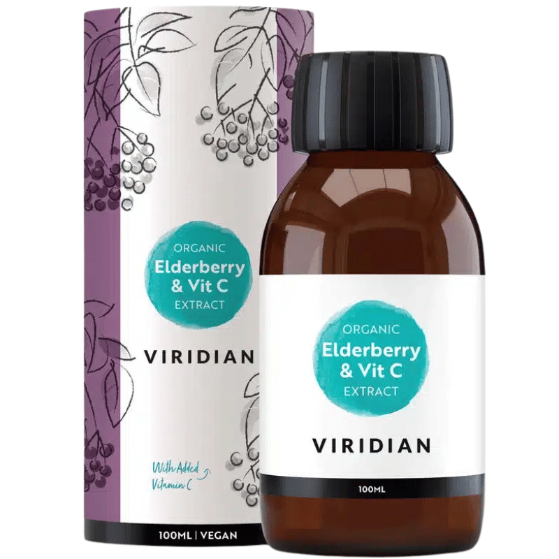 Flaske med Viridian Elderberry Ekstrakt & C Vitamin, økologisk flydende kosttilskud, 100 ml