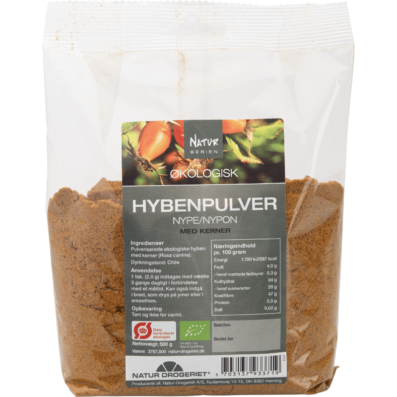 Pakning med Natur Drogeriet økologisk hybenpulver, fint med frø, 500 g