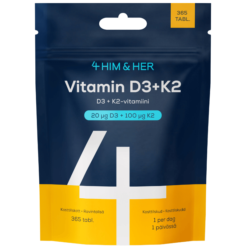 4 HIM & HER Vitamin D3 + K2 kosttilskud i pakning med 365 tabletter