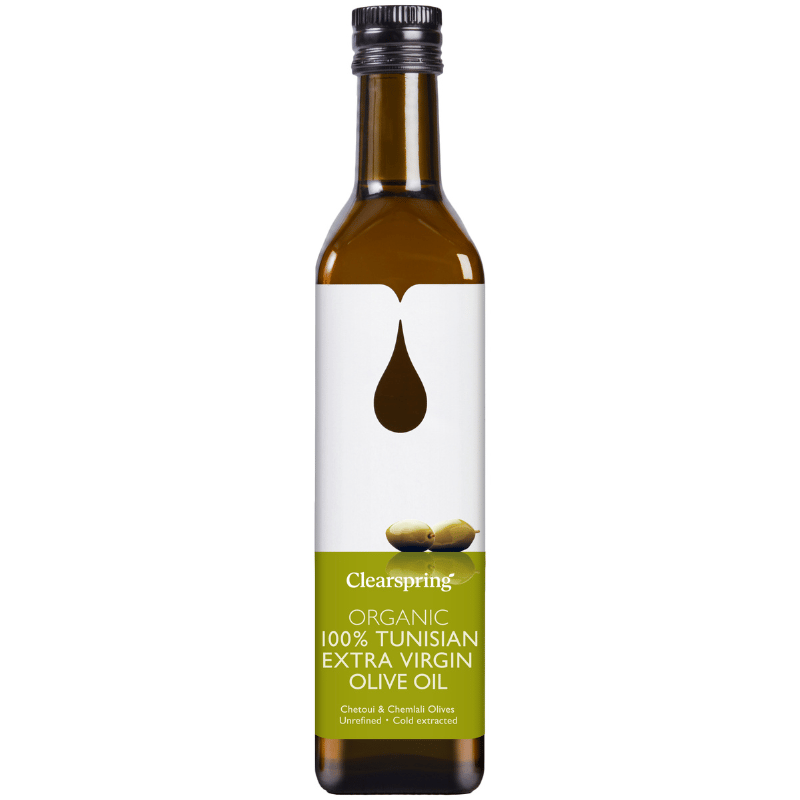 Flaske Clearspring økologisk ekstra jomfru olivenolie fra Tunesien, 500 ml