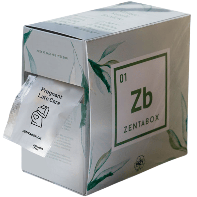 Æske med Zentabox Pregnant Late Care kosttilskud, 30 breve med dagsdosis