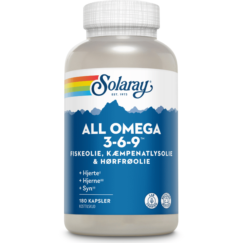 Solaray All Omega 3-6-9 kosttilskud i pakning med 180 kapsler