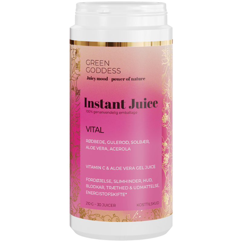 Beholder med Green Goddess Instant Juice Vital pulver kosttilskud, 210 g