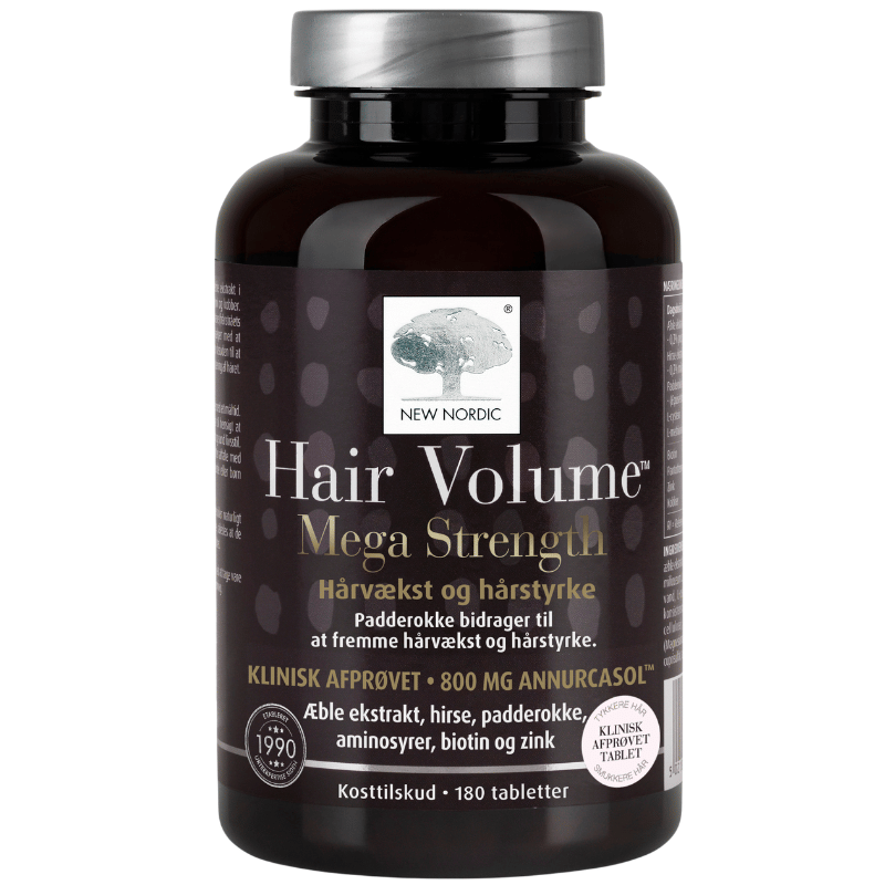 New Nordic Hair Volume Mega Strength kosttilskud med biotin og zink, 180 tabletter