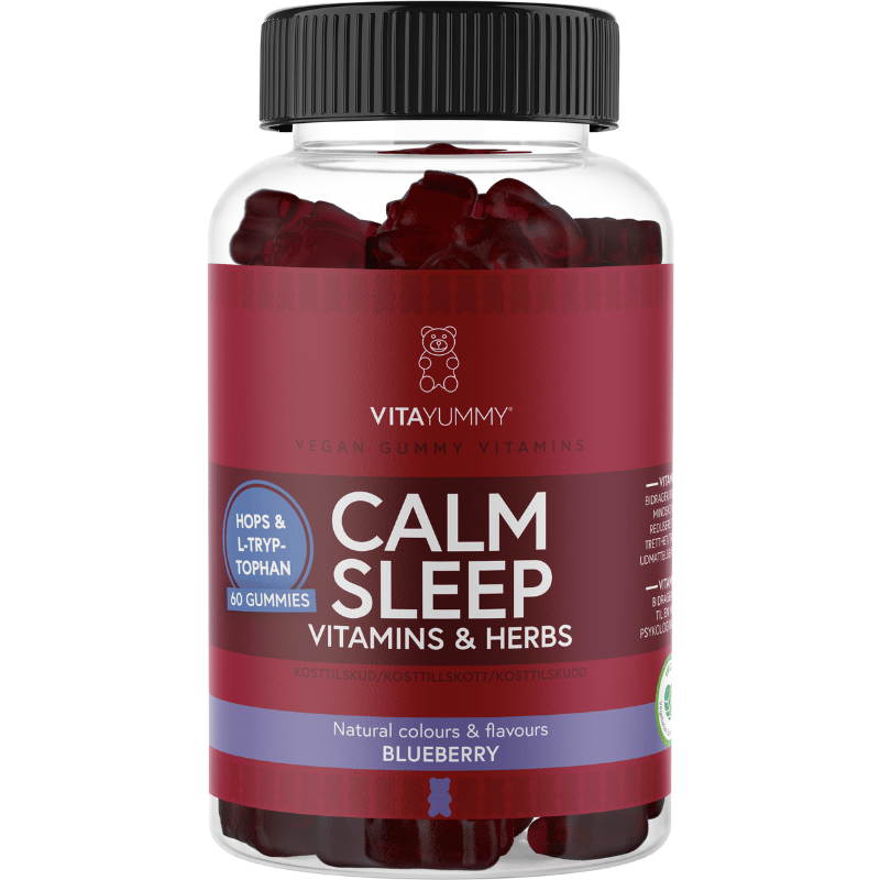 Pakning med VitaYummy Calm Sleep veganske gummies med blåbærsmag, 60 stk