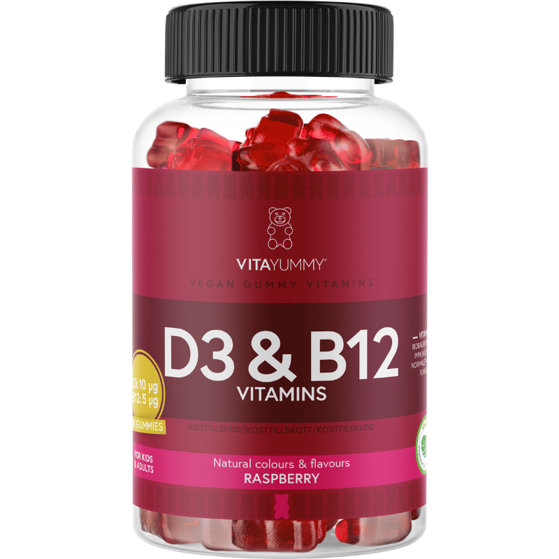Pakning med VitaYummy D & B12 Vitamins veganske hindbærgummies, 60 stk.