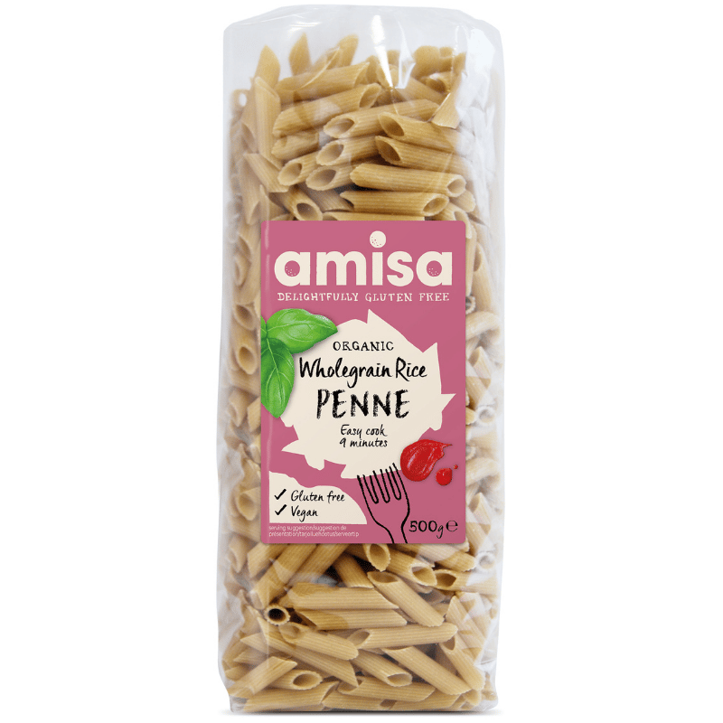Pakning med Amisa økologisk glutenfri fuldkornsris penne, 500 g