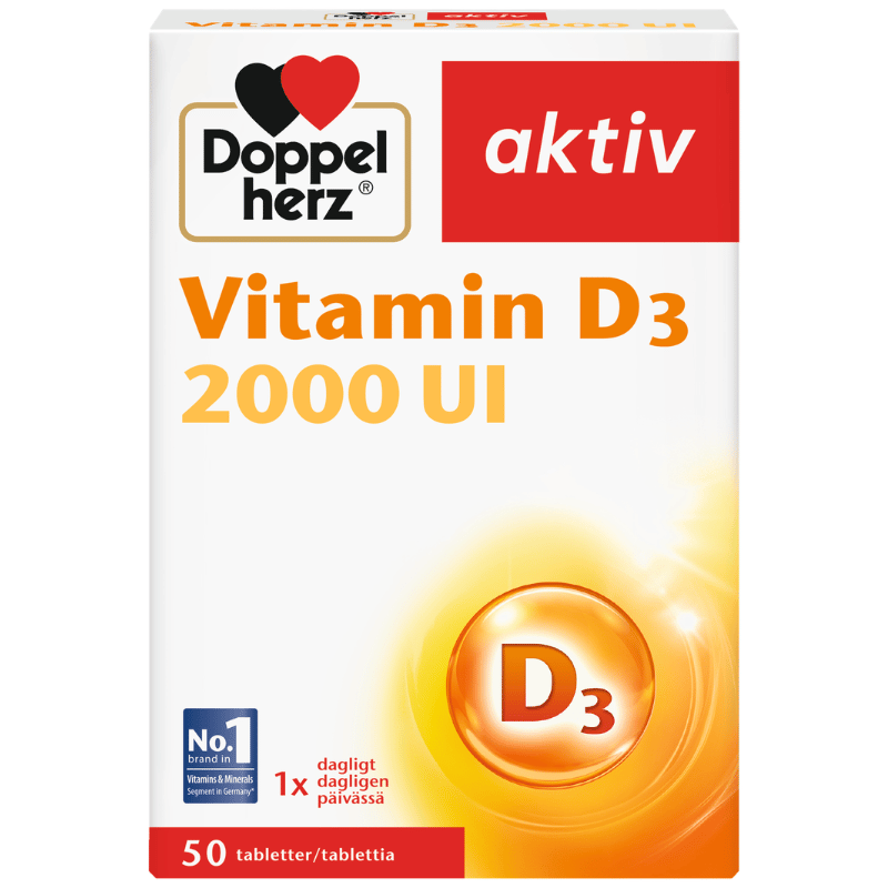 Pakke med Doppelherz Aktiv Vitamin D3 2000 UI, D-vitamin i 50 tabletter