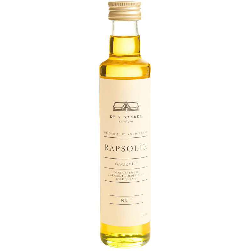 De 5 Gaarde koldpresset dansk rapsolie Gourmet, pakning på 250 ml