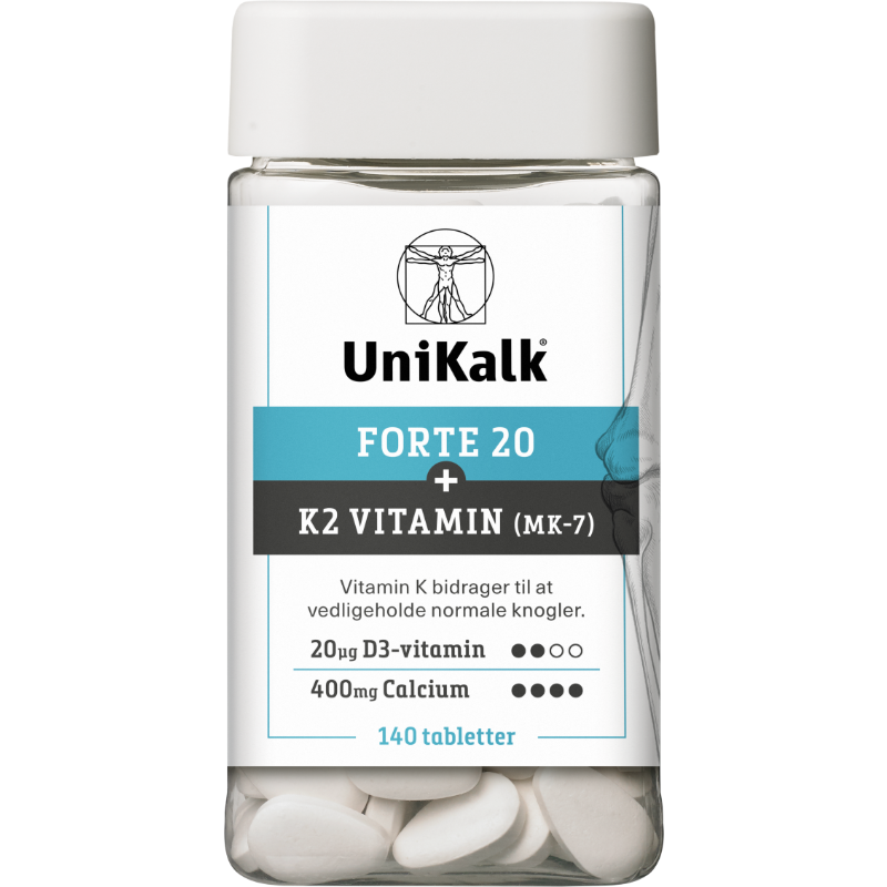 Pakke med UniKalk Forte 20 kalktilskud med D- og K-vitamin, 140 tabletter