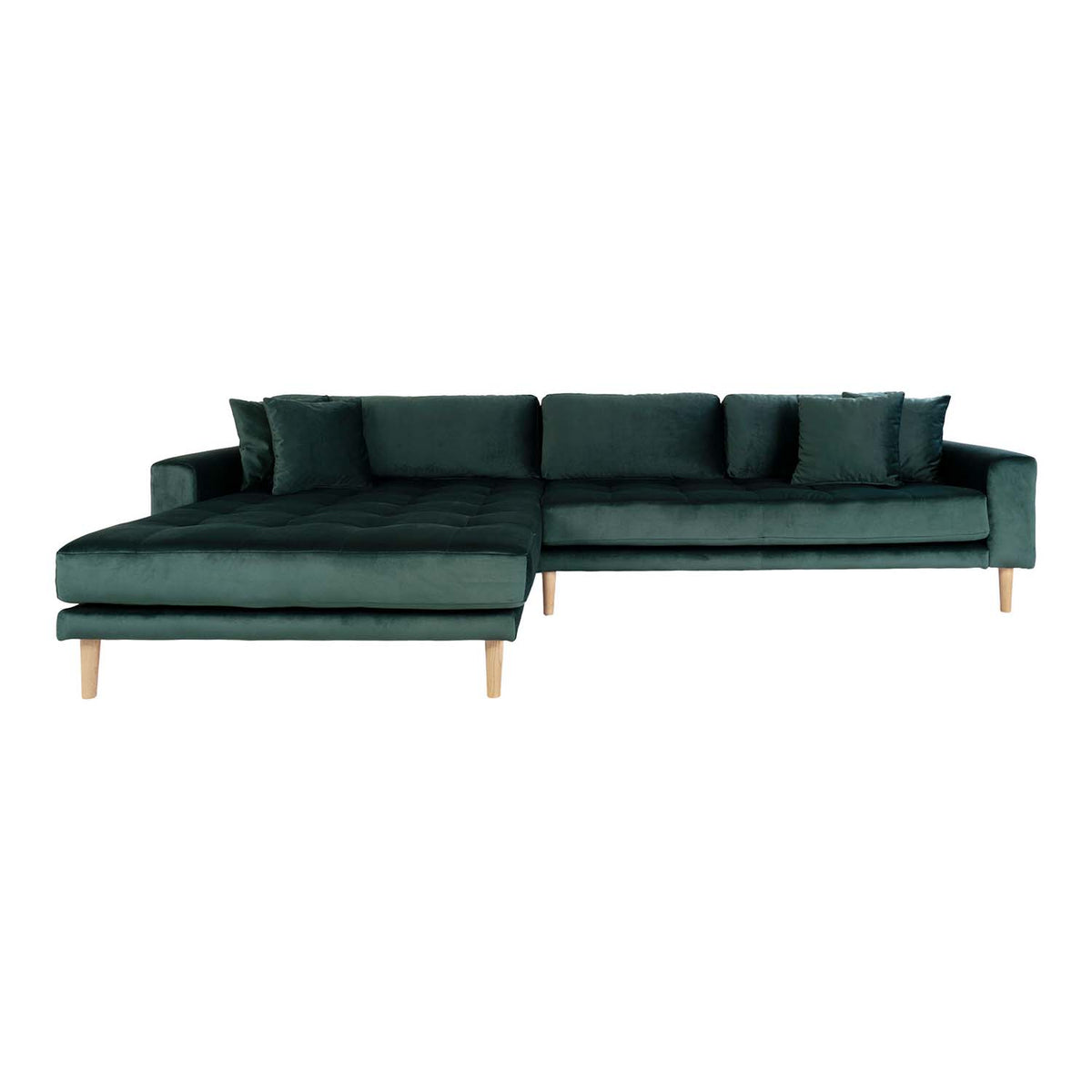 House Nordic Lido loungesofa med venstre chaiselong i mørkegrøn velour og natur træ