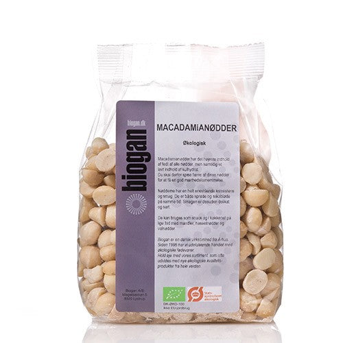 Pose med rå økologiske macadamianødder fra Biogan, 400 gram