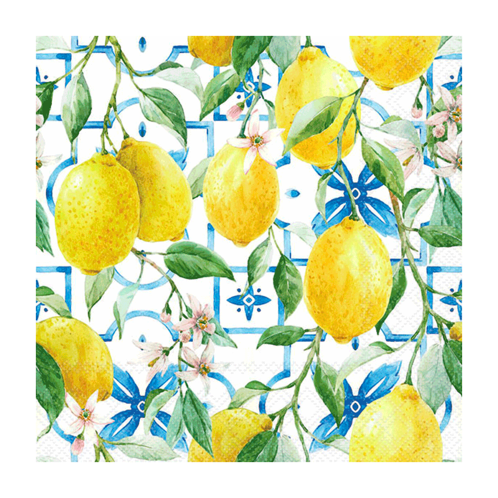 Citron serviet fra Edelweiss, 33 x 33 cm, med citroner, grønne blade og blå klinkemønstre