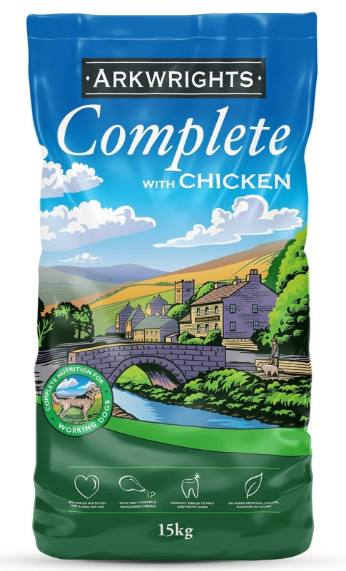 Pose med Arkwrights Complete Chicken voksenfoder med kylling, 15 kg