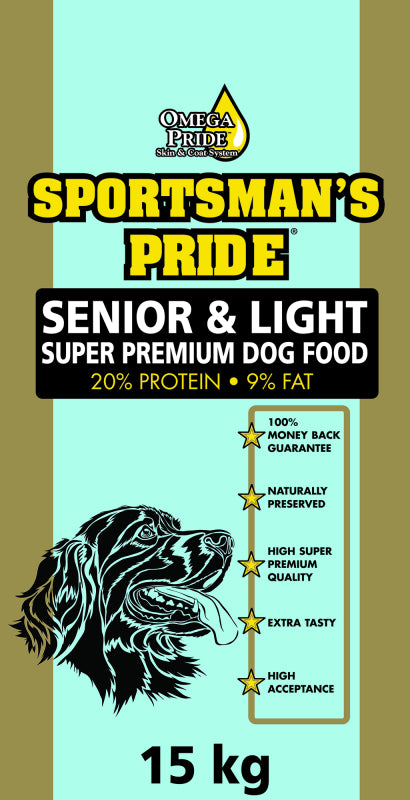 Sæk med Sportsman's Pride Classic Senior & Light voksenfoder til hunde, 15 kg, lysblå