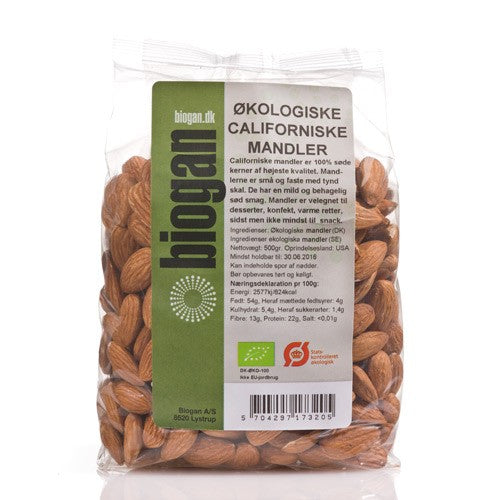 Pose med økologiske californiske mandler fra Biogan, 400 gram