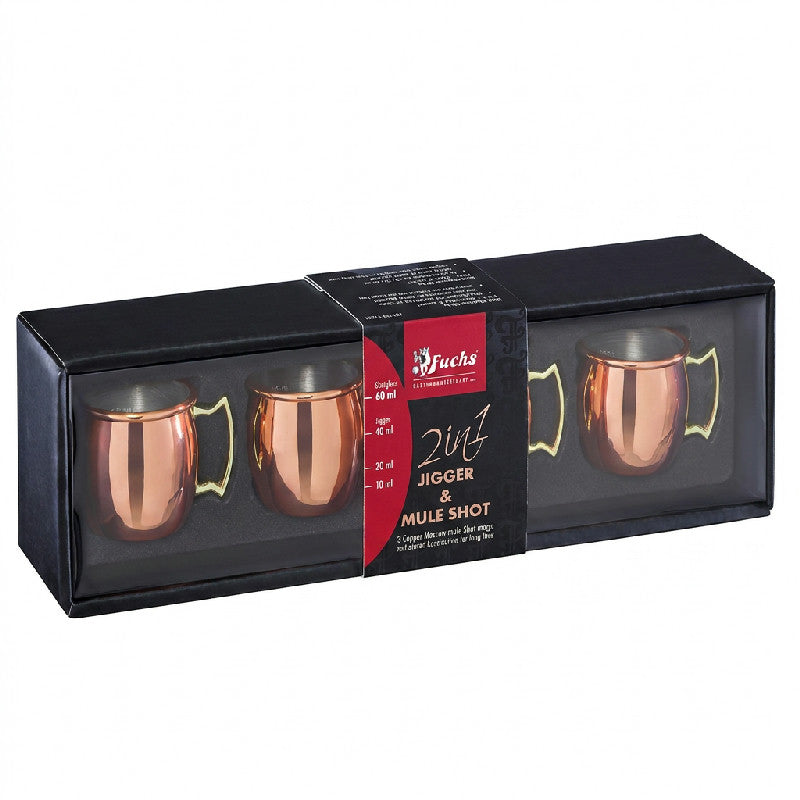 Fire mini Moscow Mule shotkrus i rustfrit stål med kobberfarvet finish fra Fuchs Gastro