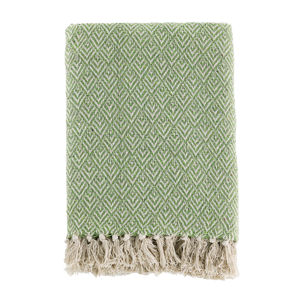 Chic Antique Aix plaid i grøn med zigzag-mønster og cremefarvede frynser