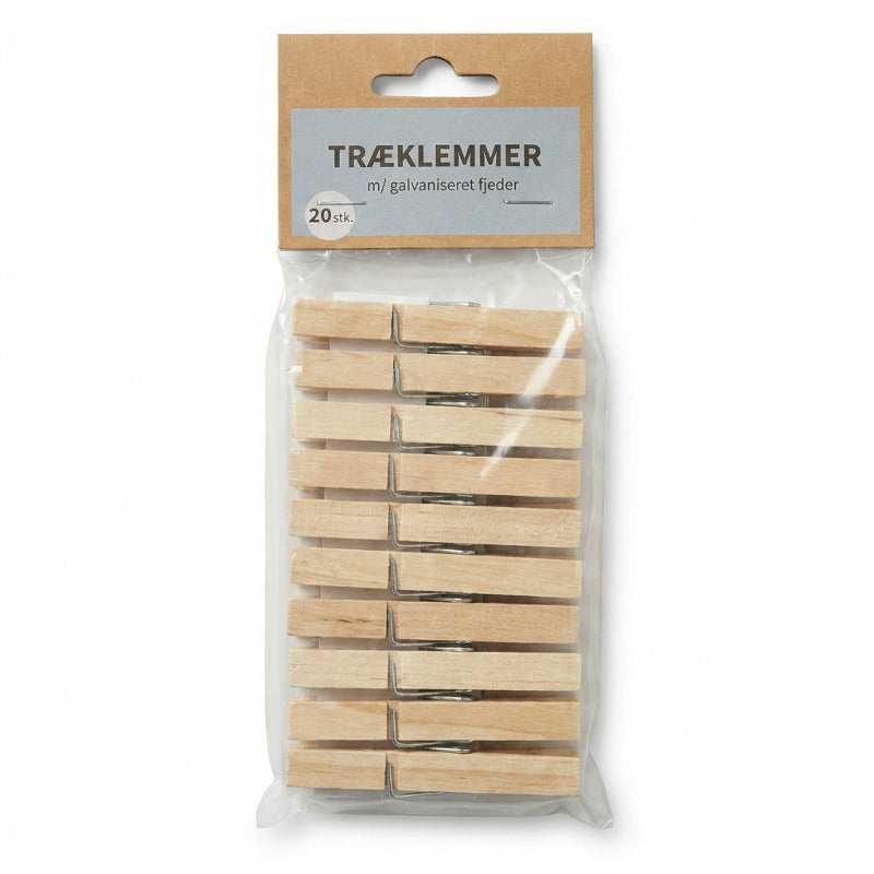 Sæt med 20 tøjklemmer i træ i assorterede farver fra CC Hansen