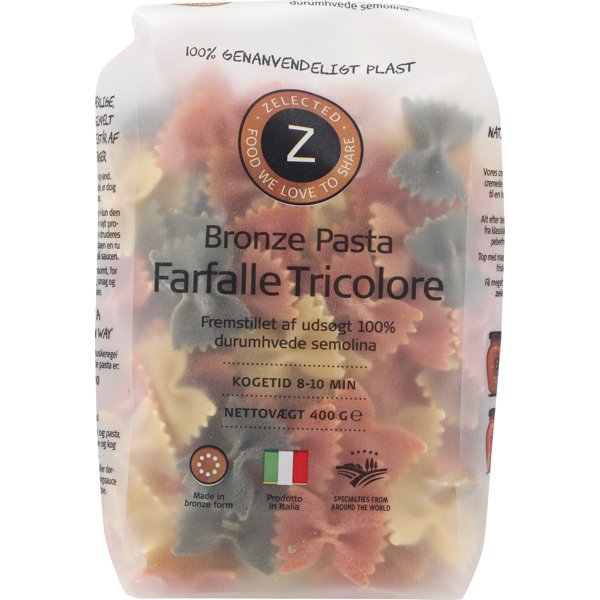 Pakke med 400 g 3-farvet farfalle-pasta fra Zelected formet som små sommerfugle