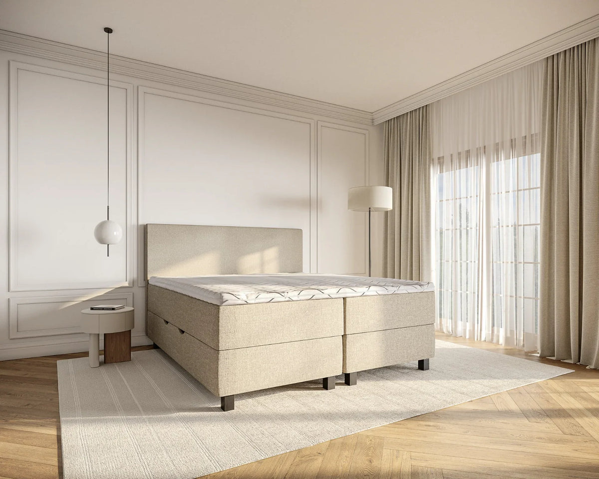 Kalundborg opbevaringsseng i beige, størrelse 180x200, fra Sengesnedkeren