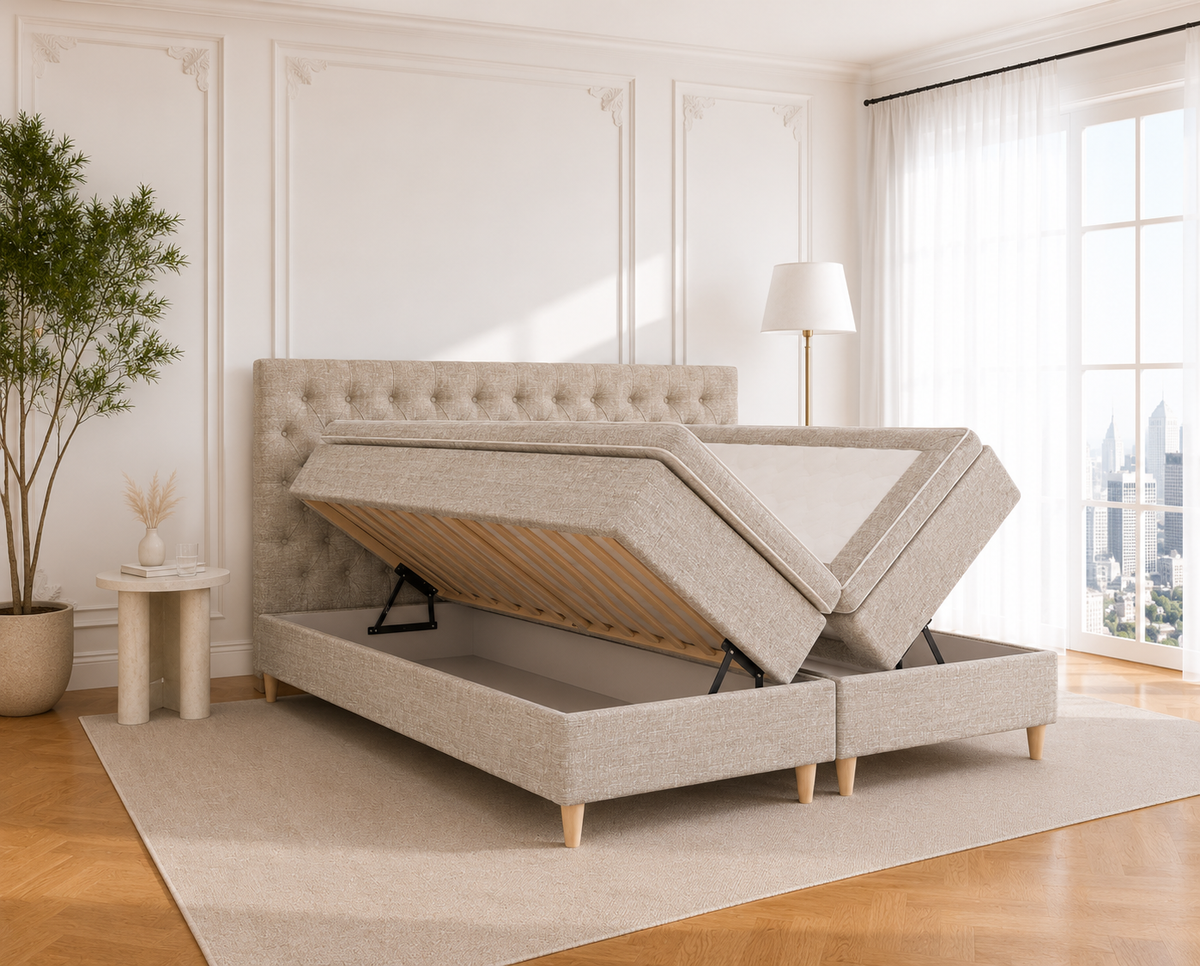 Greve opbevaringsseng i lys sand (Verita03), størrelse 180x210