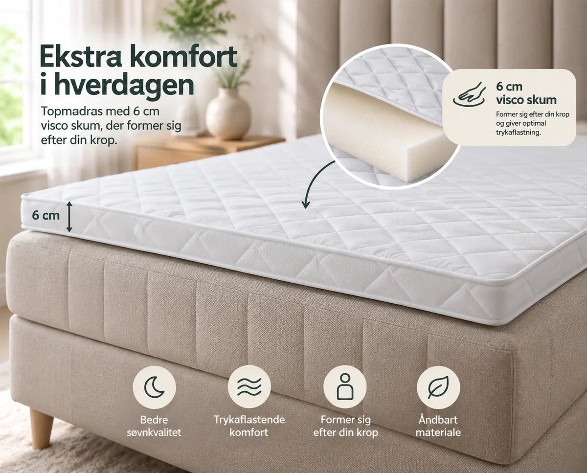 Visco 6 cm topmadras i naturlig fra Sengesnedkeren, størrelse 180 x 220 cm