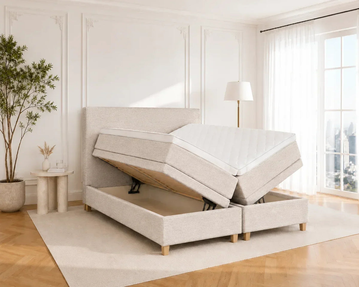 Vissenbjerg opbevaringsseng i lys sand (Verita03), størrelse 210x210 cm