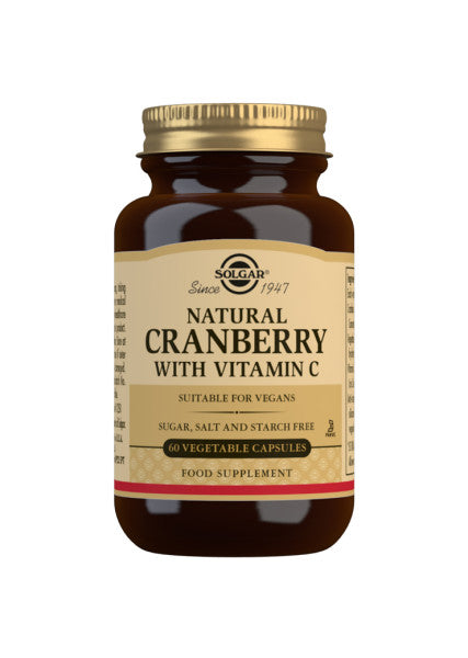 Glas med Solgar Natural Cranberry & Vitamin C, 60 kapsler