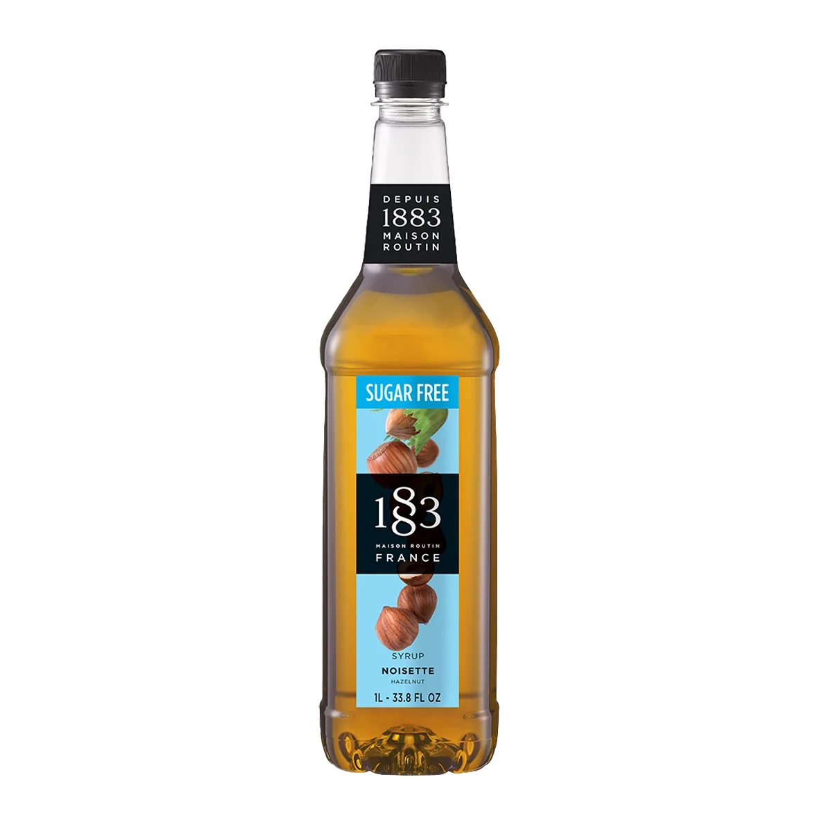 Flaske 1883 sukkerfri hasselnødsirup, 100 cl, lysebrun sirup