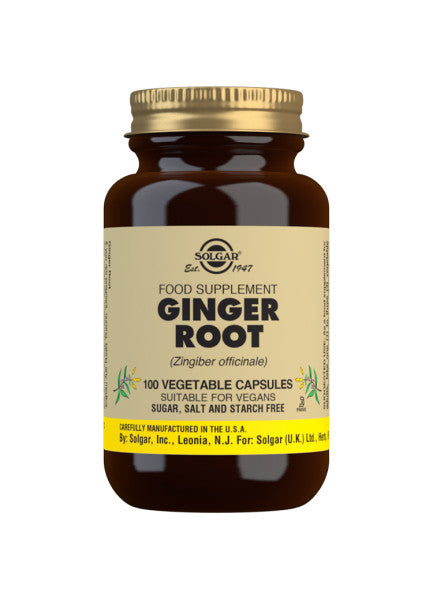 Glas med Solgar Ginger ingefærkapsler, 100 kapsler