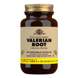 Glas med Solgar Valerian Root baldrianrod, 100 kapsler