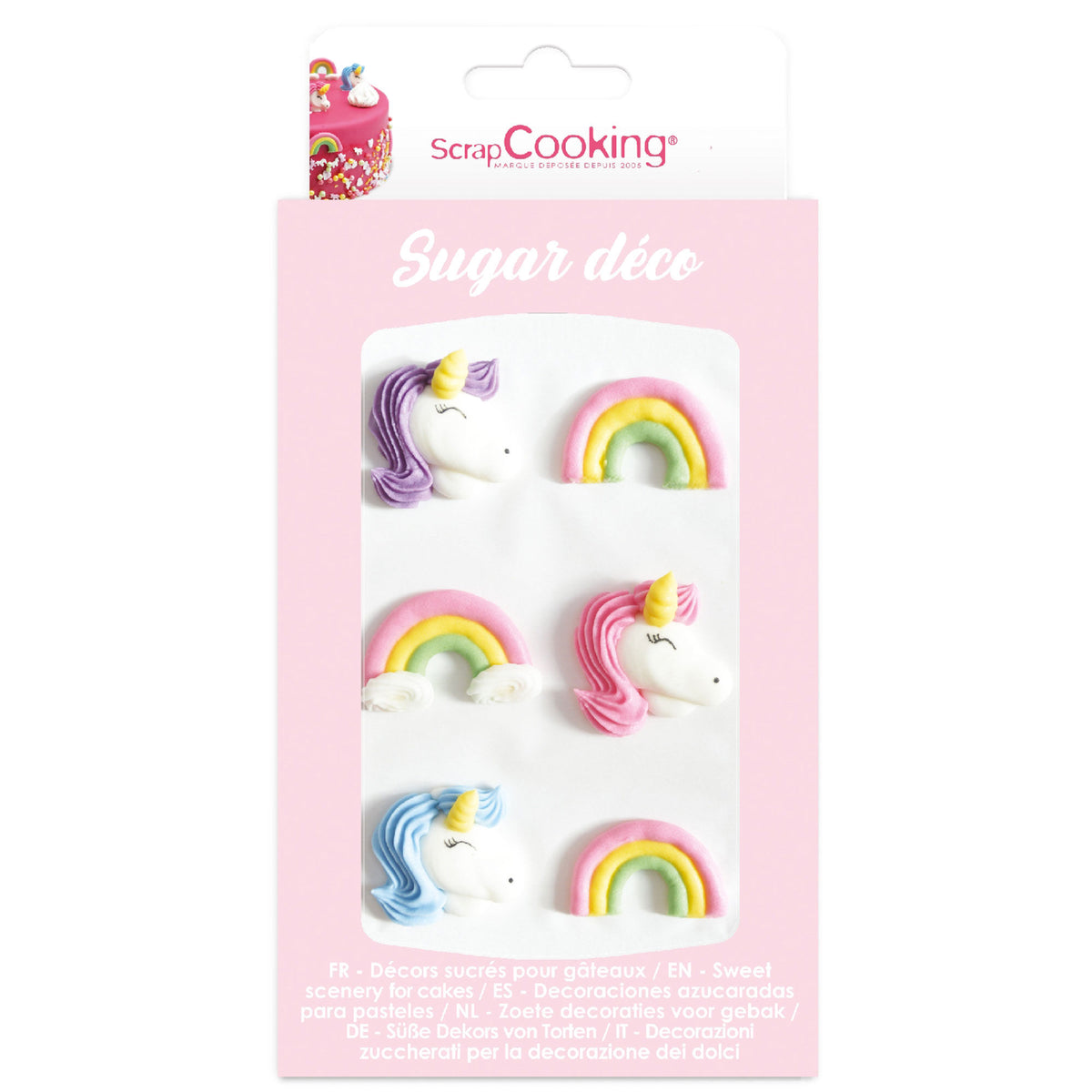 Seks færdige sukkerfigurer med enhjørningemotiv fra Scrapcooking til kage og cupcakes