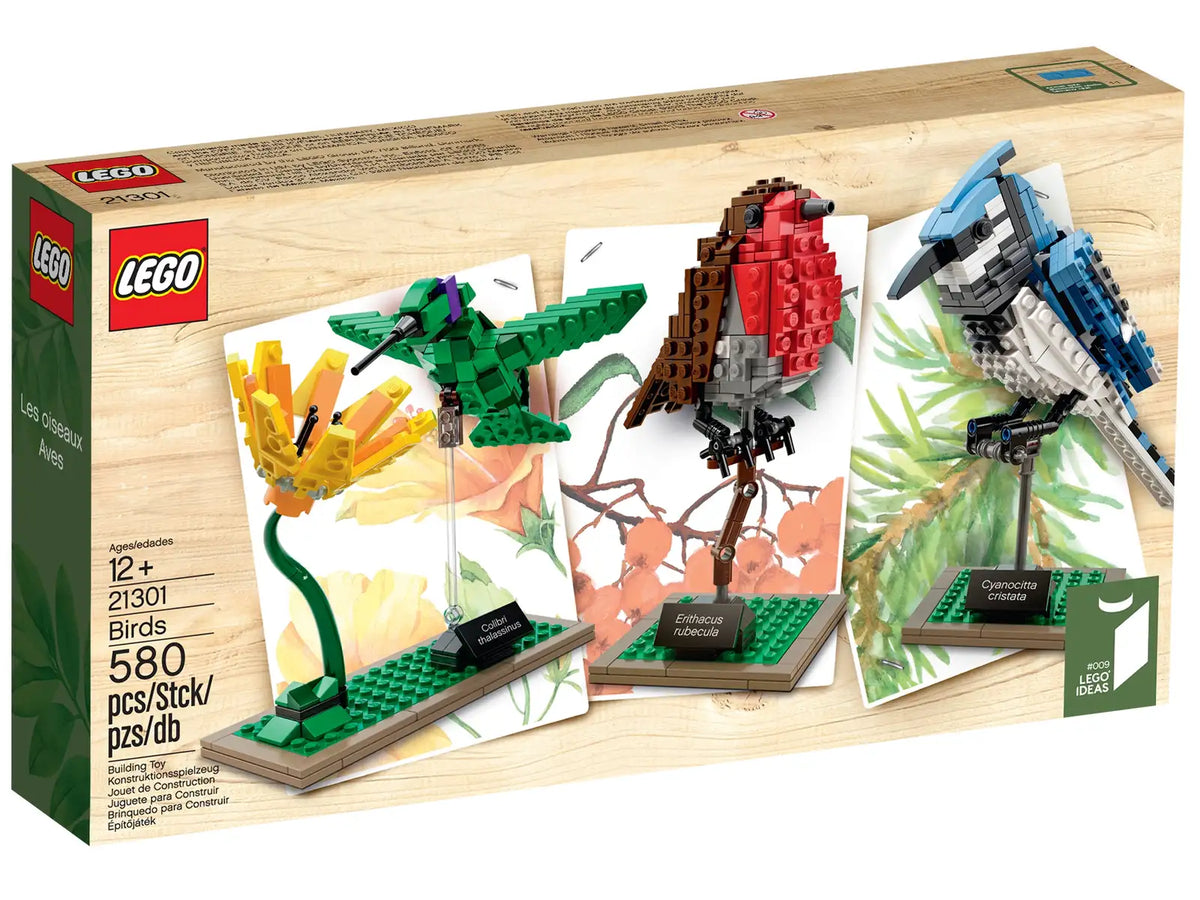 LEGO Ideas Fugle 21301 med blå skovskade, kolibri og rødkælk på stande