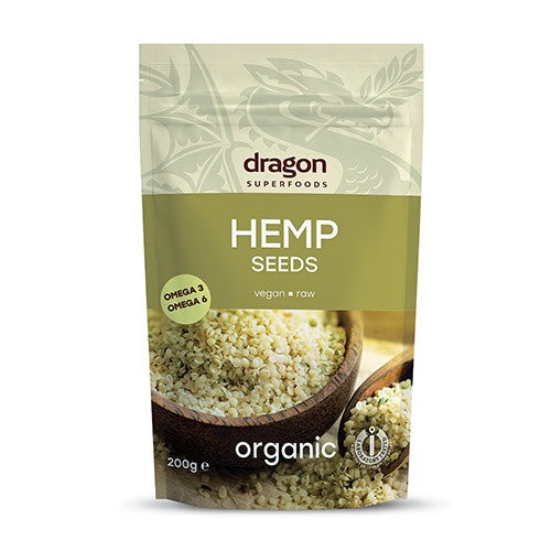 Pose med økologiske afskallede hampefrø, 200 gram, fra Dragon Superfoods