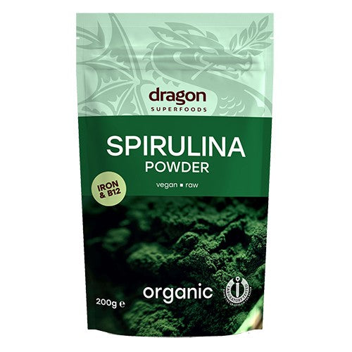 Pakning med økologisk spirulina pulver, 200 gram, fra Dragon Foods