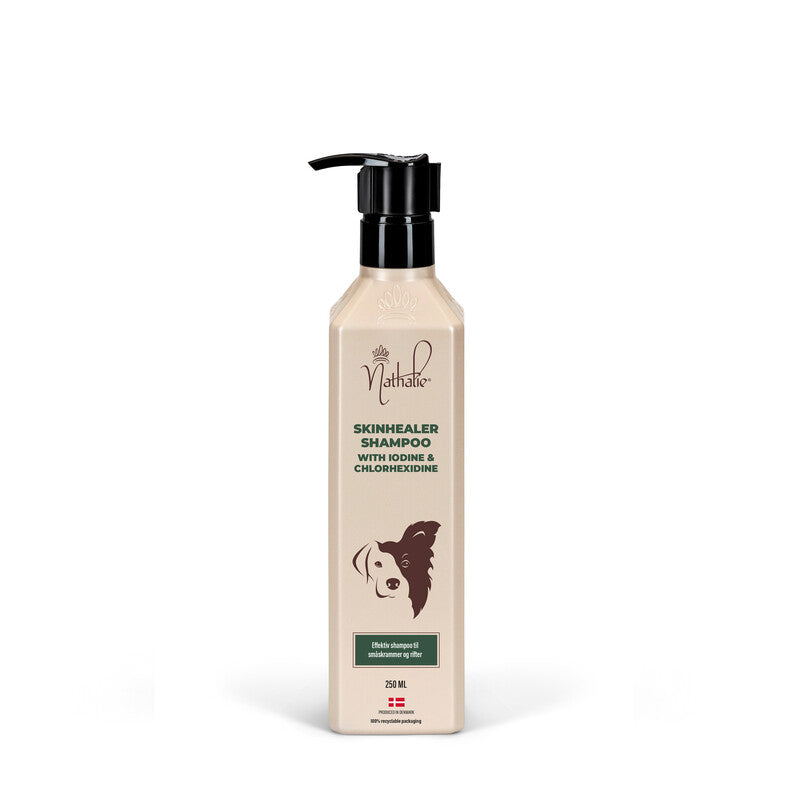 Flaske med Nathalie Dog Care Skin Healer shampoo til hunde, 250 ml