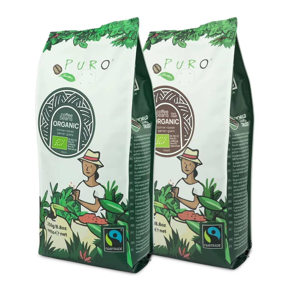 Puro smagskasse med to poser Puro Organic kaffebønner à 250 g