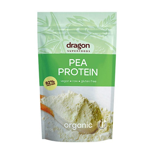 Pakke med økologisk ærteproteinpulver, 200 gram, fra Dragon Superfoods