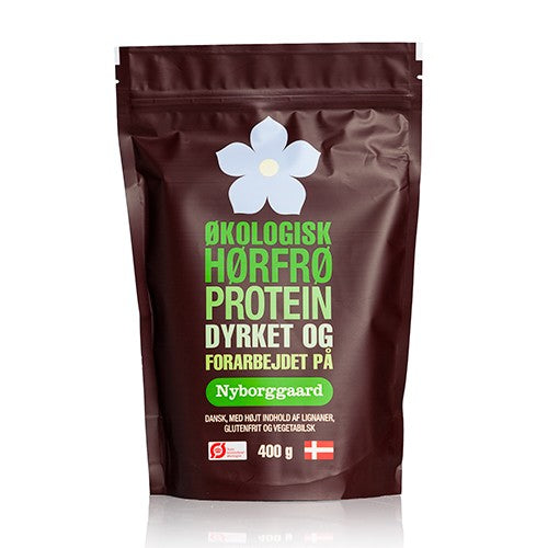 Pakke med Nyborggaard økologisk hørfrø proteinpulver, 400 gram