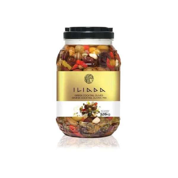 Spand med Iliada cocktail olivenmix, Kalamata og grønne oliven med peberfrugt og kapers