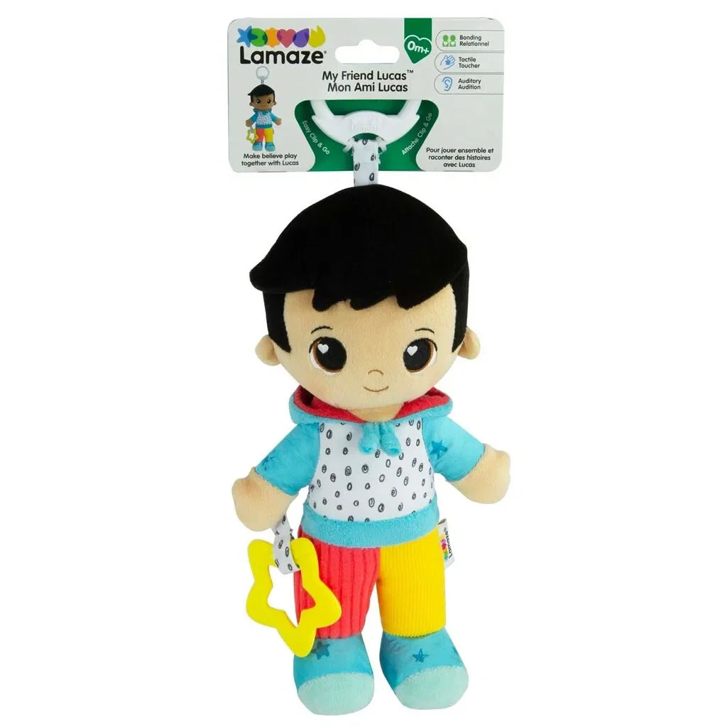Lamaze My Friend Lucas plysdyr med broderet ansigt og stjerneformet bidering