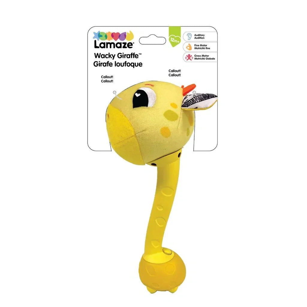 Lamaze Whacky Giraffe sanselegetøj med plyshoved af en glad giraf