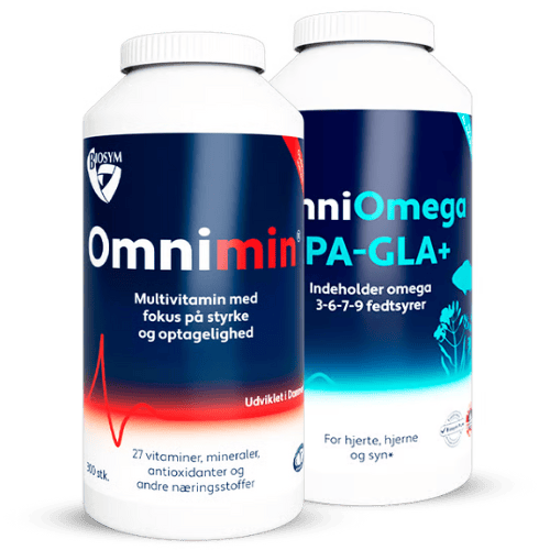 Pakke med Biosym Omnimin tabletter og Biosym OmniOmega EPA-GLA+ kapsler