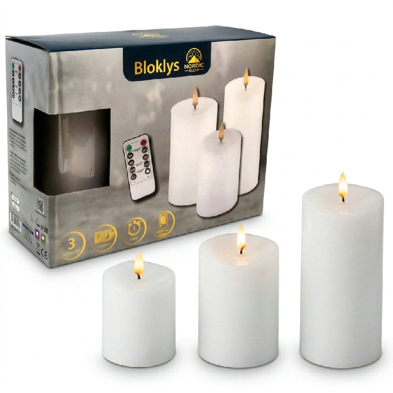 Råhvidt LED-bloklys fra Haahr & Co med 3D-flamme, Ø 7 x 12,5 cm