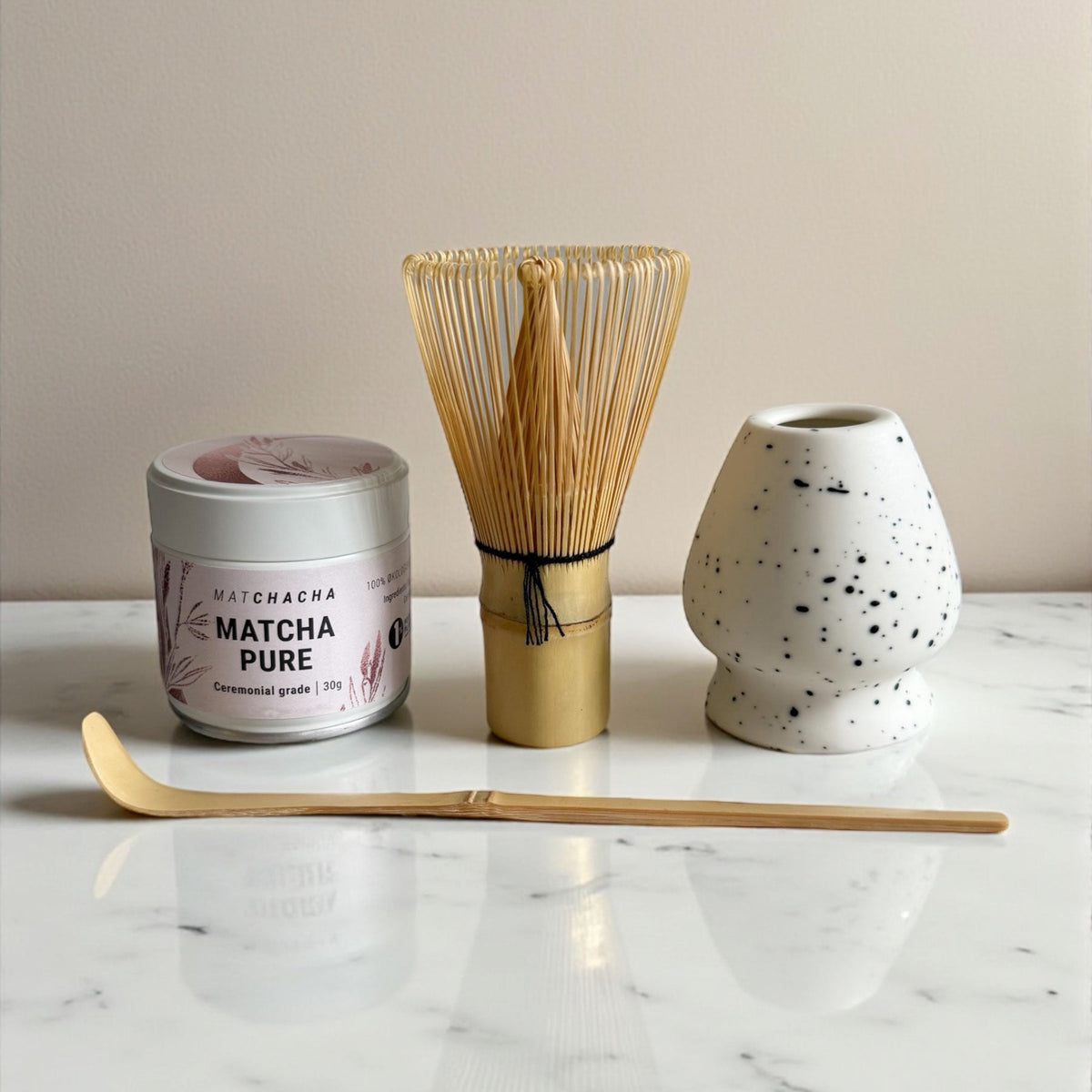 Matchacha matcha sæt med matchapulver, bambuspiskeris, matcha-ske og bambusholder