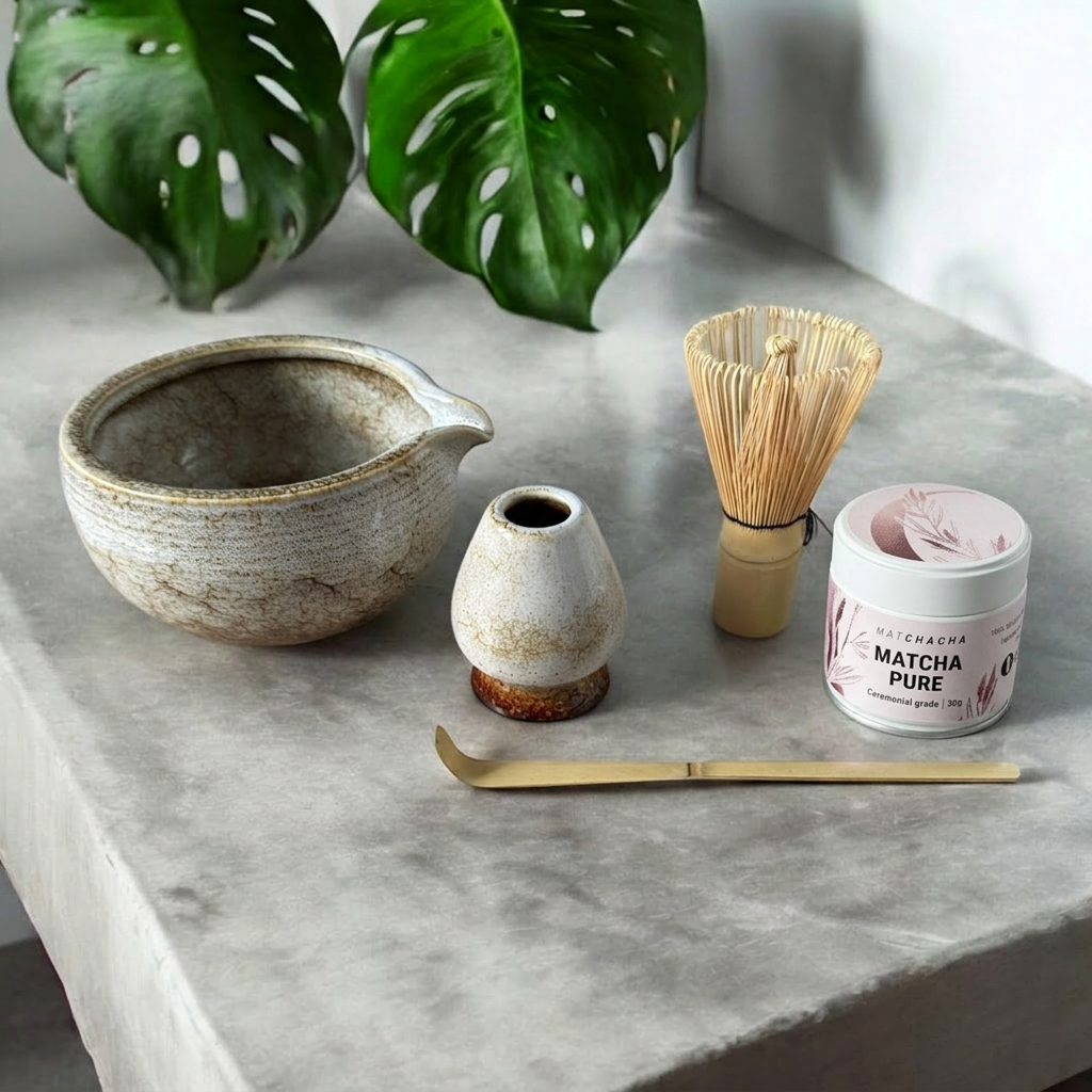 Matchacha matcha sæt med rustik skål med hældetud, matchapulver og tilbehør