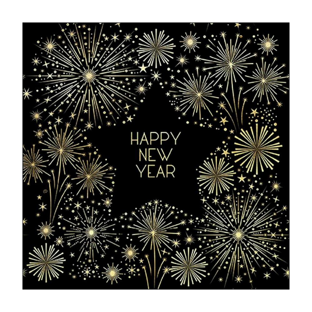 Golden nytårsserviet fra Edelweiss, 33 x 33 cm, med guldfyrværkeri og stjerner omkring Happy New Year