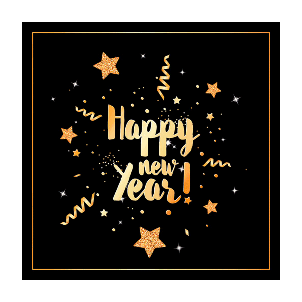 Happy New Year nytårsserviet fra Edelweiss, 33 x 33 cm, med sort baggrund, guldramme og stjerner