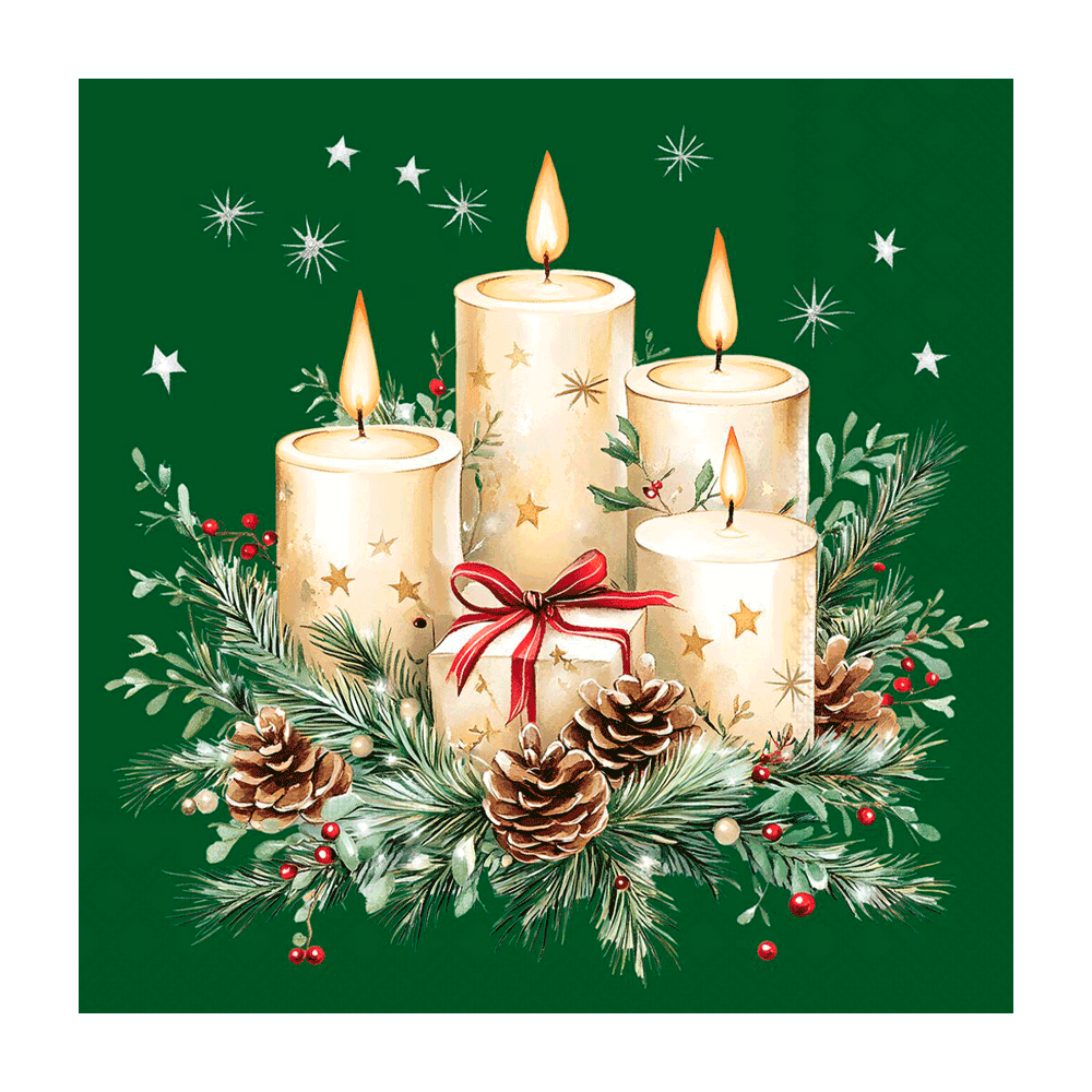 Edelweiss Advent juleservietter 33 x 33 cm med dybt grønt motiv af tændte bloklys og grangrene